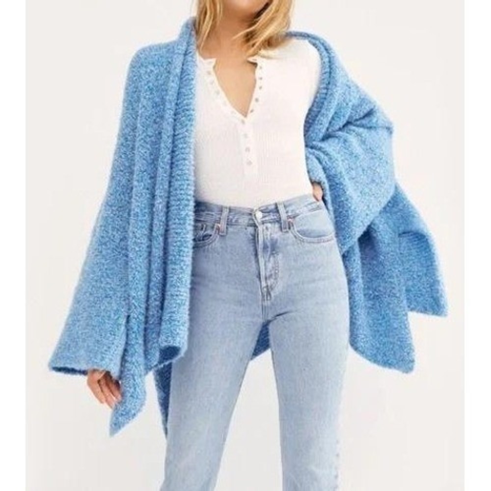 Free People BFF Cardi Boucle Knit Sweater Open Front Big Blue Large Cottagecore